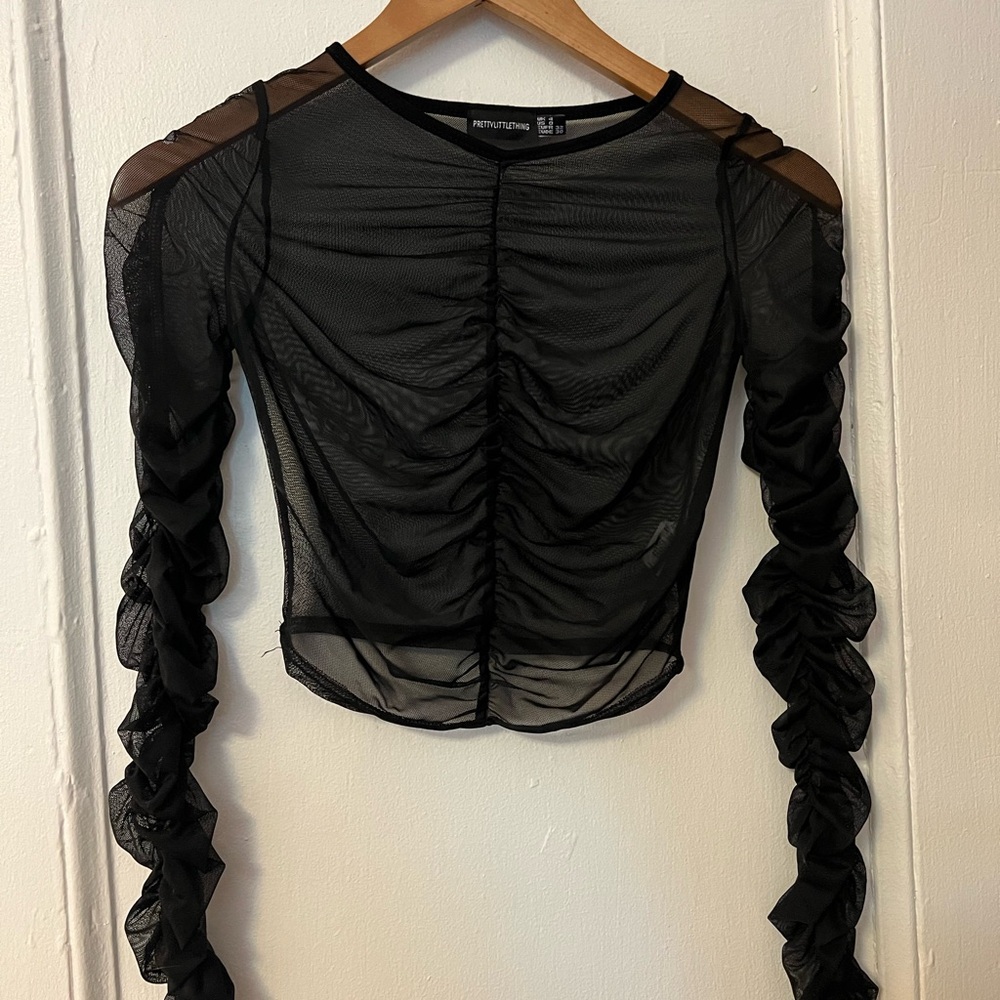 PrettyLittleThing Mesh Black Ruched Top, Never Worn!